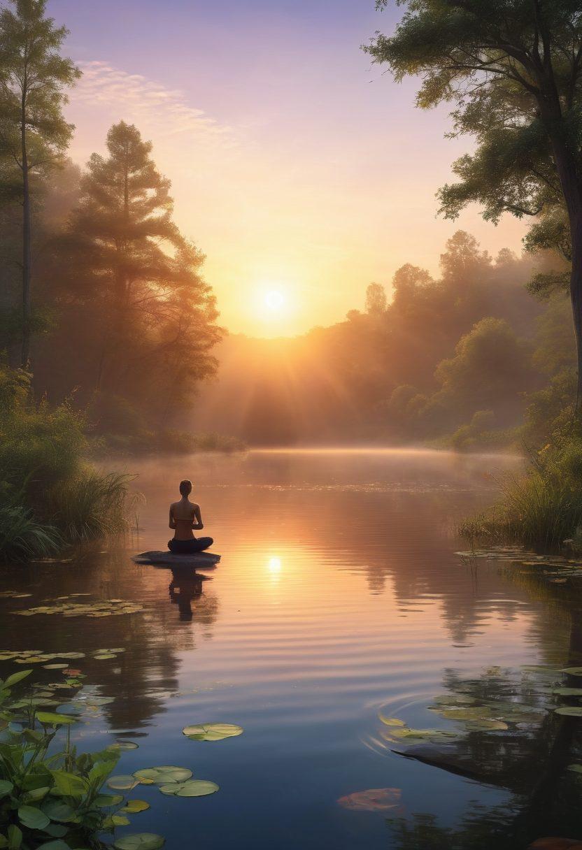 A serene landscape showcasing a sunrise over a tranquil lake, symbolizing personal growth and holistic wellness. In the foreground, a meditative figure practicing yoga with lush greenery surrounding them, while inspirational quotes from Dr. Phil emerge from the water vapor. Vibrant colors highlighting the harmony between nature and self-care, evoking a sense of peace and positivity. super-realistic. bright colors. calming atmosphere.