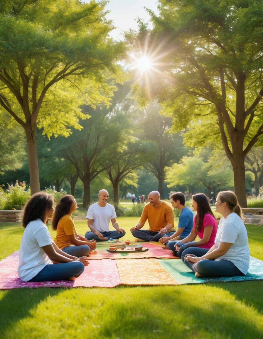 A serene and uplifting scene showcasing a diverse group of people engaging in various life skills activities, such as meditation, healthy cooking, and teamwork exercises. Dr. Phil is featured as a guiding figure, inspiring confidence and happiness among them. The background features a bright, sunlit park symbolizing growth and wellness, with vibrant green trees and blooming flowers. super-realistic. vibrant colors. inspirational tone.