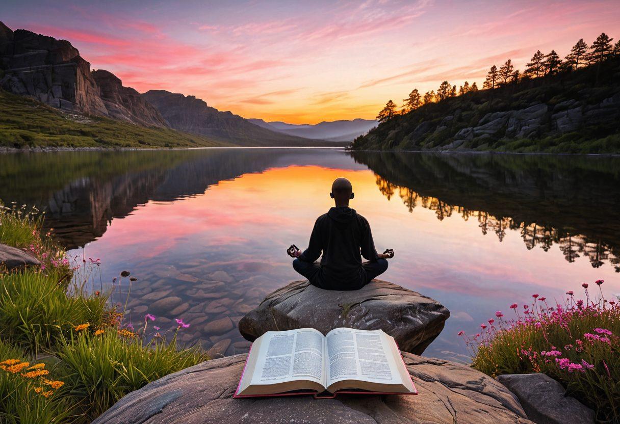 A serene landscape featuring a sunrise over a calm lake, symbolizing new beginnings and growth. Include an open book with inspiring quotes and nature elements around it, representing wellness and personal development. In the foreground, a silhouette of a person meditating on a rock, embodying tranquility and focus. The title 'Unlock Your Potential' elegantly integrated into the scene. vibrant colors. super-realistic.